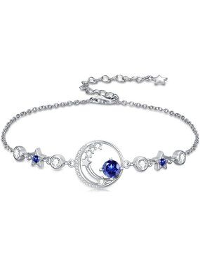 Charming Moon & Star Birthstone Bracelet | 925 Sterling Silver | 7"+2